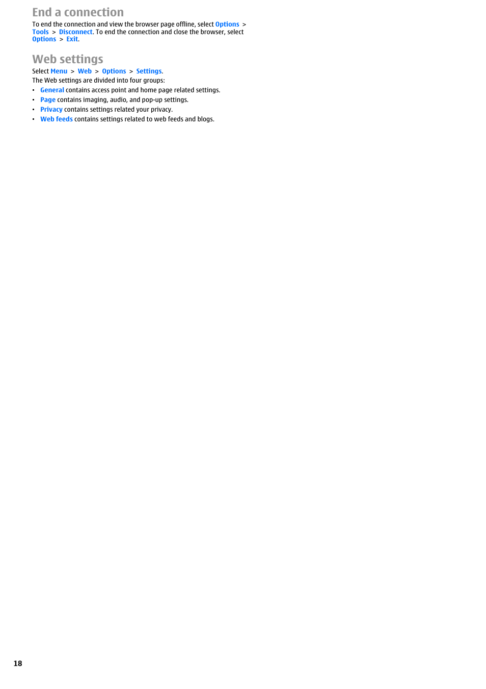 End a connection, Web settings | Nokia E51 User Manual | Page 18 / 52
