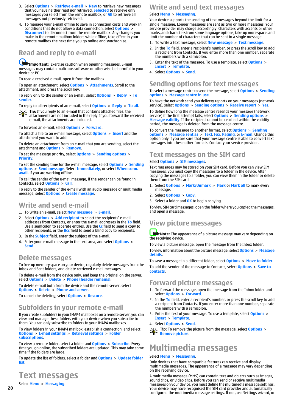 Read and reply to e-mail, Write and send e-mail, Delete messages | Subfolders in your remote e-mail, Text messages, Write and send text messages, Sending options for text messages, Text messages on the sim card, View picture messages, Forward picture messages | Nokia E51 User Manual | Page 20 / 52