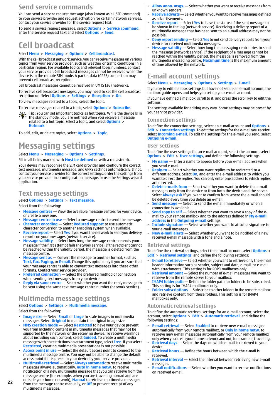 Send service commands, Cell broadcast, Messaging settings | Text message settings, Multimedia message settings, E-mail account settings, Connection settings, User settings, Retrieval settings, Automatic retrieval settings | Nokia E51 User Manual | Page 22 / 52