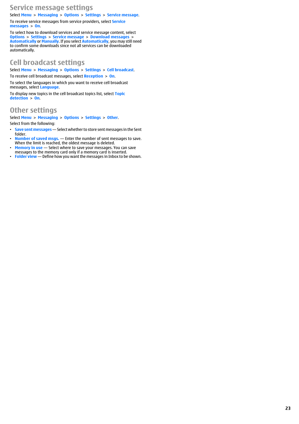Service message settings, Cell broadcast settings, Other settings | Nokia E51 User Manual | Page 23 / 52