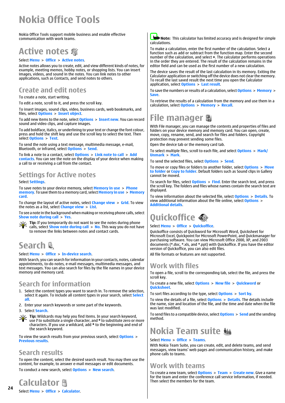 Nokia office tools, Active notes, Create and edit notes | Settings for active notes, Search, Search for information, Search results, Calculator, File manager, Quickoffice | Nokia E51 User Manual | Page 24 / 52