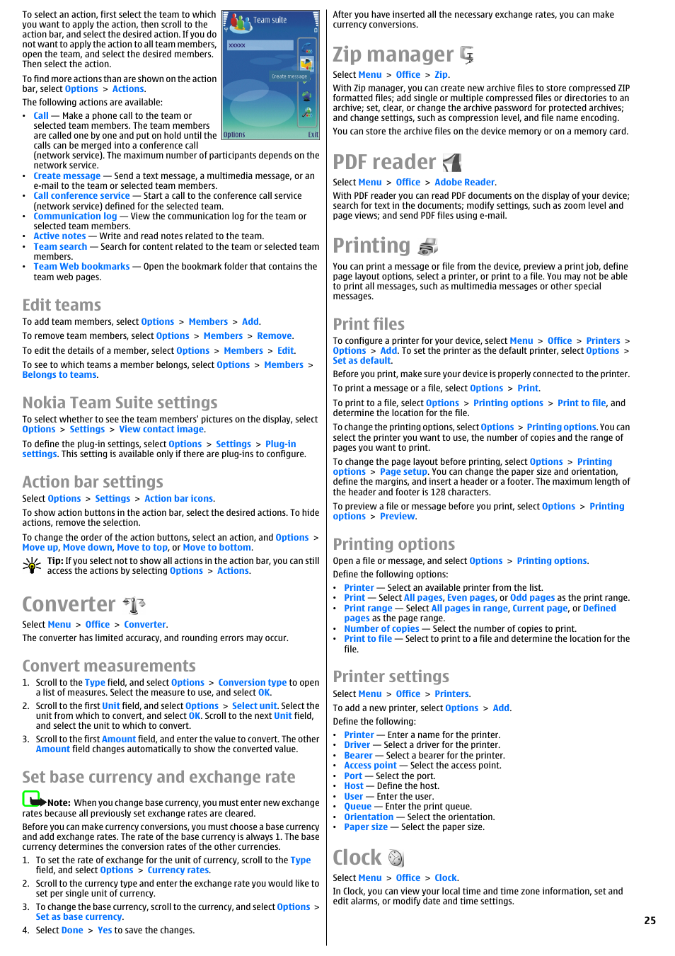 Edit teams, Nokia team suite settings, Action bar settings | Converter, Convert measurements, Set base currency and exchange rate, Zip manager, Pdf reader, Printing, Print files | Nokia E51 User Manual | Page 25 / 52