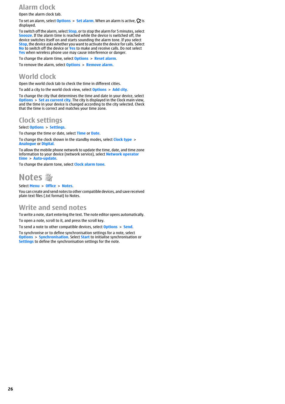 Alarm clock, World clock, Clock settings | Notes, Write and send notes | Nokia E51 User Manual | Page 26 / 52
