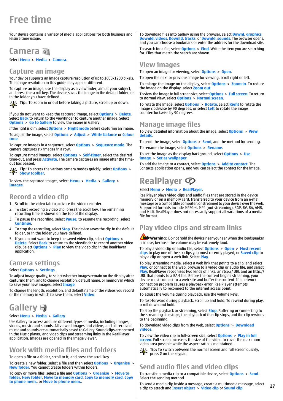 Free time, Camera, Capture an image | Record a video clip, Camera settings, Gallery, Work with media files and folders, View images, Manage image files, Realplayer | Nokia E51 User Manual | Page 27 / 52