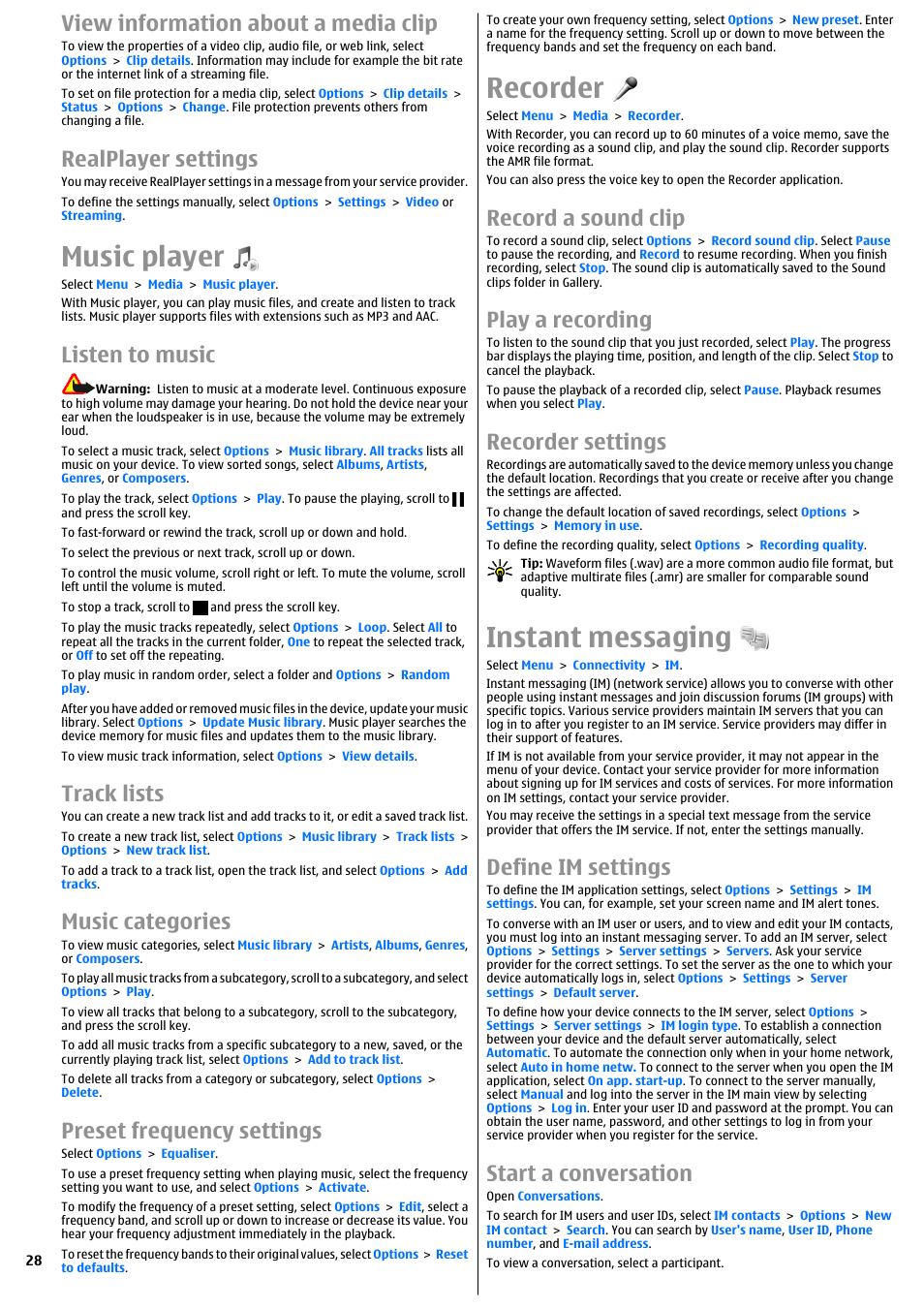 View information about a media clip, Realplayer settings, Music player | Listen to music, Track lists, Music categories, Preset frequency settings, Recorder, Record a sound clip, Play a recording | Nokia E51 User Manual | Page 28 / 52