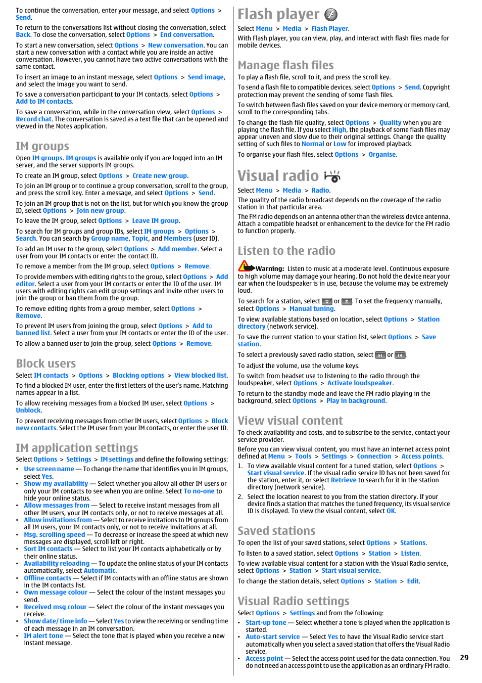 Im groups, Block users, Im application settings | Flash player, Manage flash files, Visual radio, Listen to the radio, View visual content, Saved stations, Visual radio settings | Nokia E51 User Manual | Page 29 / 52