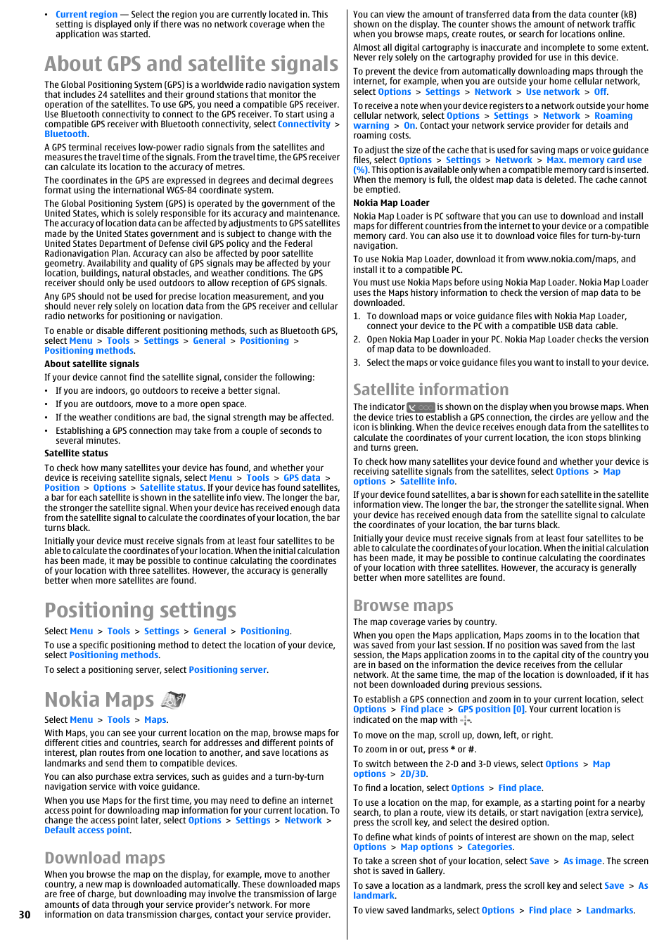 About gps and satellite signals, Positioning settings, Nokia maps | Download maps, Satellite information, Browse maps | Nokia E51 User Manual | Page 30 / 52
