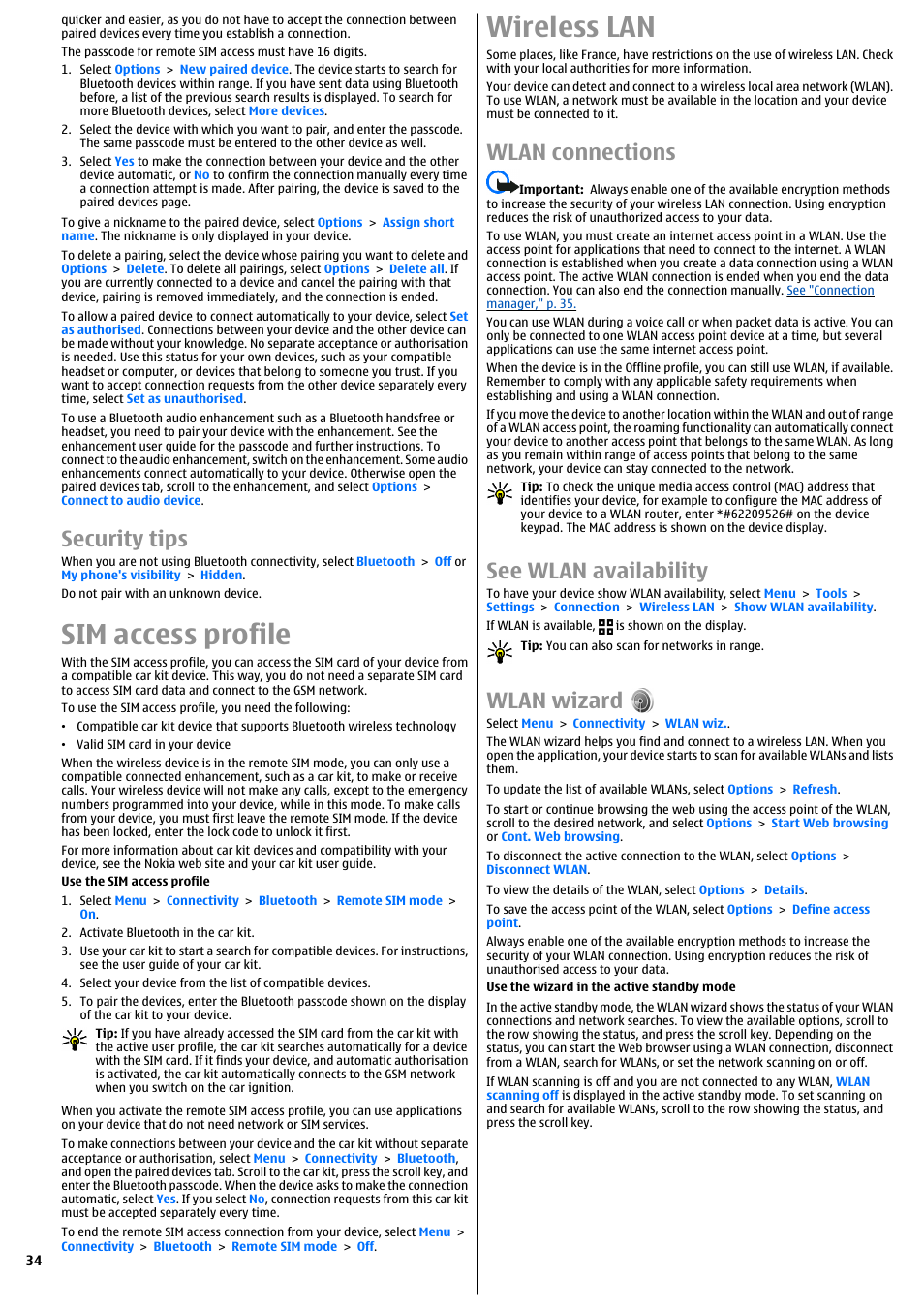 Security tips, Sim access profile, Wireless lan | Wlan connections, See wlan availability, Wlan wizard | Nokia E51 User Manual | Page 34 / 52