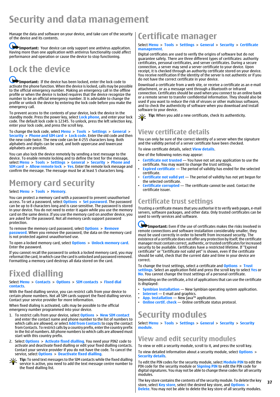 Security and data management, Lock the device, Memory card security | Fixed dialling, Certificate manager, View certificate details, Certificate trust settings, Security modules, View and edit security modules | Nokia E51 User Manual | Page 37 / 52