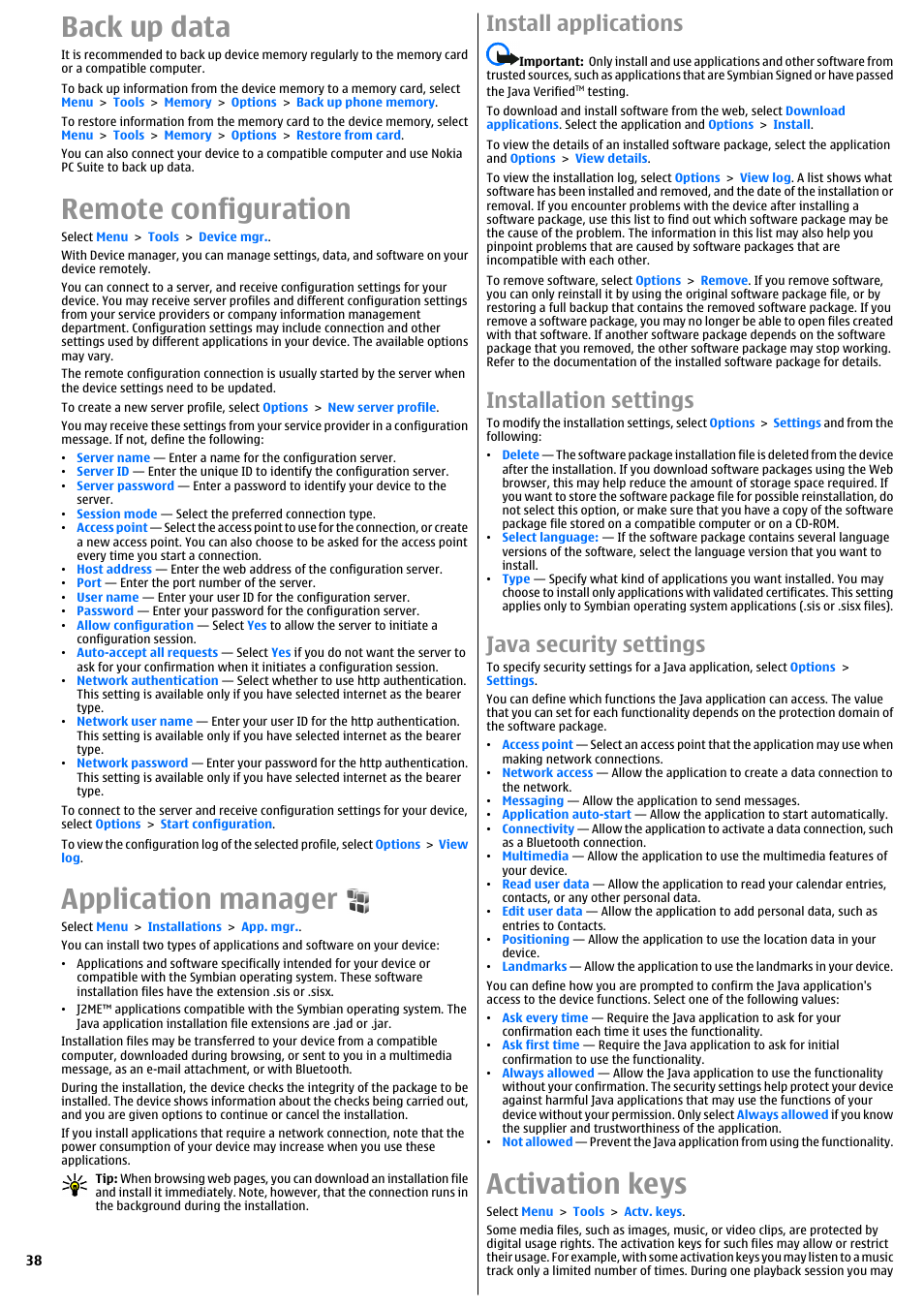 Back up data, Remote configuration, Application manager | Install applications, Installation settings, Java security settings, Activation keys | Nokia E51 User Manual | Page 38 / 52