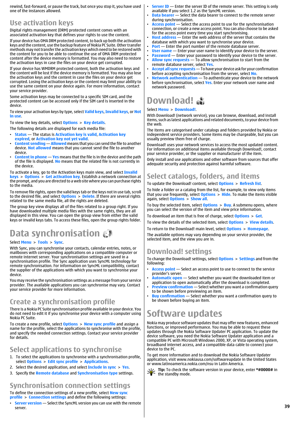 Use activation keys, Data synchronisation, Create a synchronisation profile | Select applications to synchronise, Synchronisation connection settings, Download, Select catalogs, folders, and items, Download! settings, Software updates | Nokia E51 User Manual | Page 39 / 52