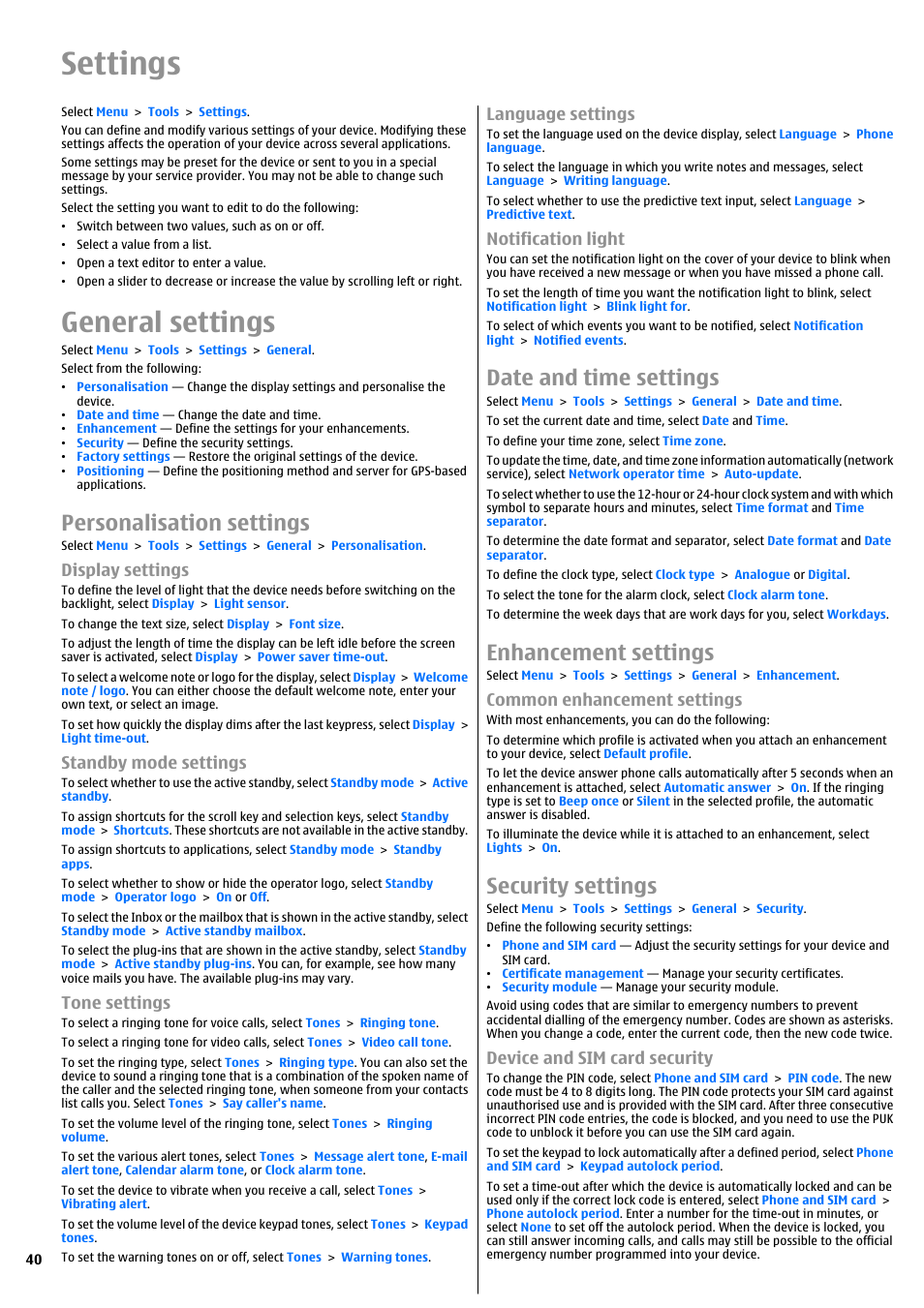 Settings, General settings, Personalisation settings | Display settings, Standby mode settings, Tone settings, Language settings, Notification light, Date and time settings, Enhancement settings | Nokia E51 User Manual | Page 40 / 52