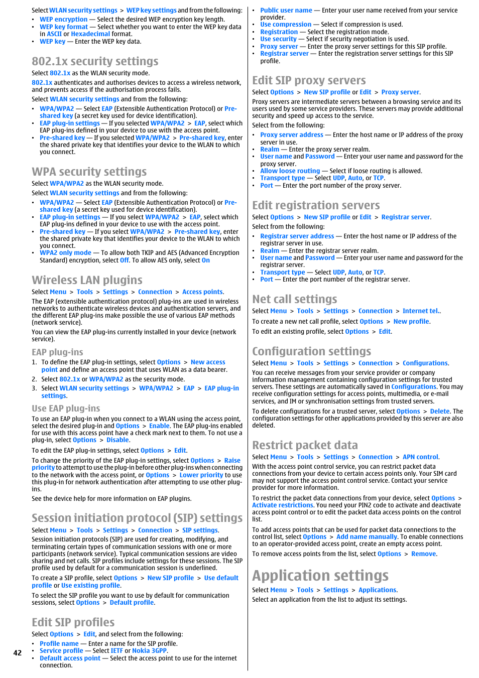 1x security settings, Wpa security settings, Wireless lan plugins | Eap plug-ins, Use eap plug-ins, Session initiation protocol (sip) settings, Edit sip profiles, Edit sip proxy servers, Edit registration servers, Net call settings | Nokia E51 User Manual | Page 42 / 52