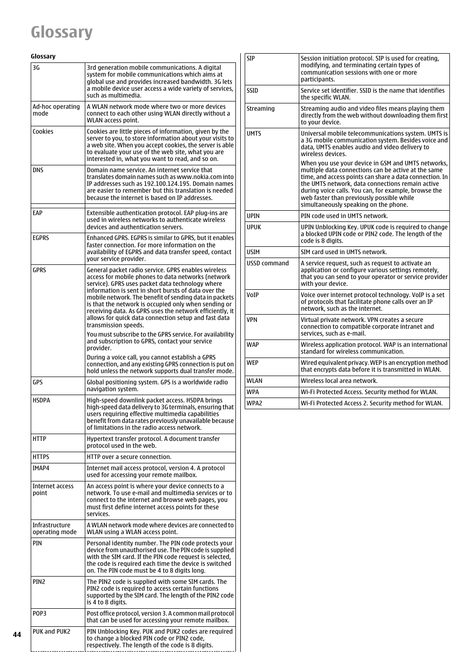 Glossary | Nokia E51 User Manual | Page 44 / 52