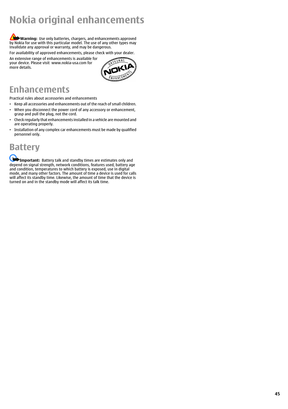 Nokia original enhancements, Enhancements, Battery | Nokia E51 User Manual | Page 45 / 52