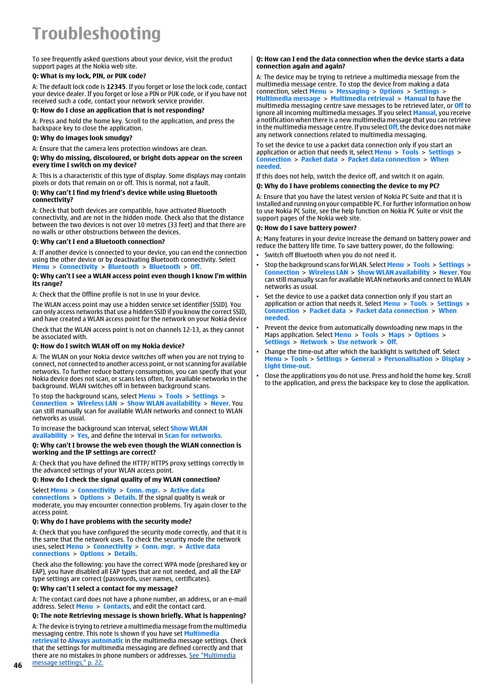 Troubleshooting | Nokia E51 User Manual | Page 46 / 52