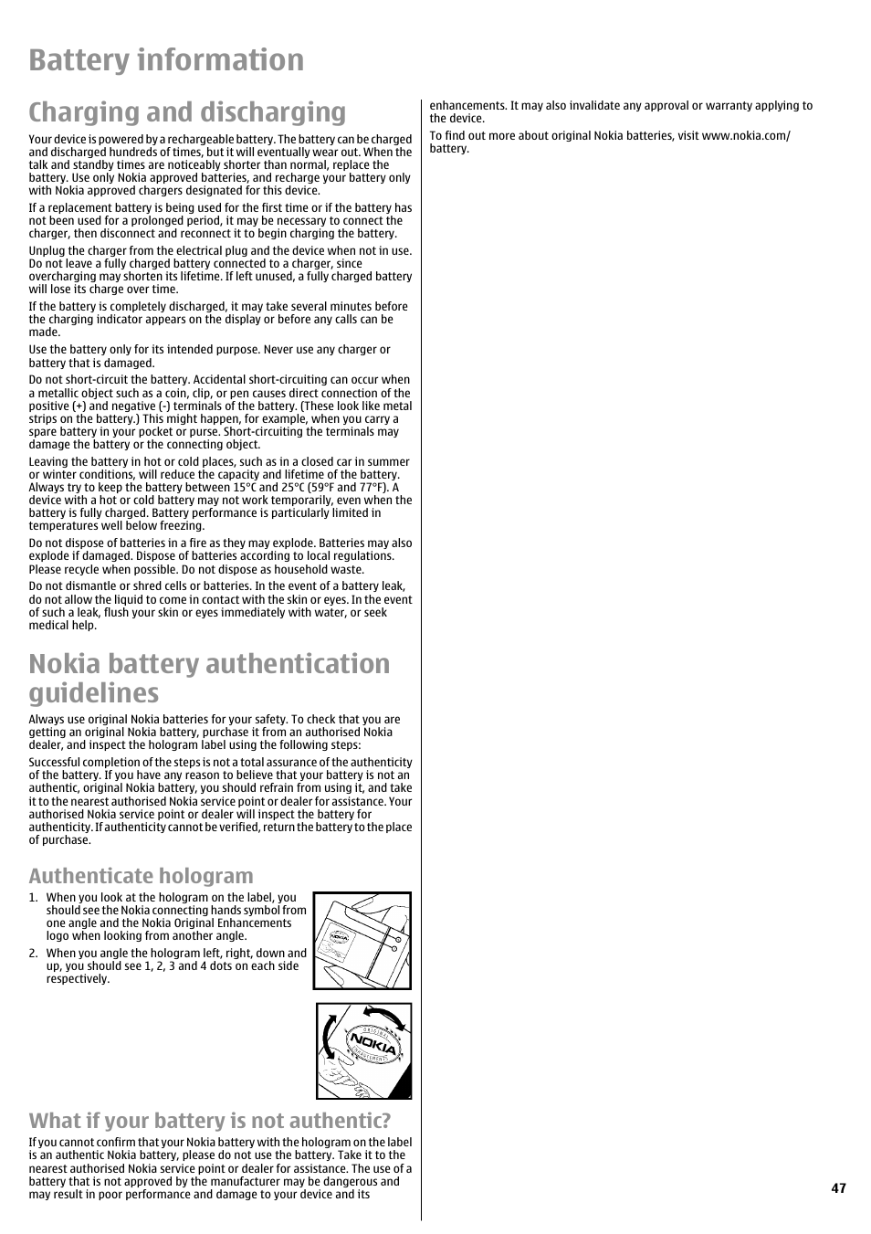 Battery information, Charging and discharging, Nokia battery authentication guidelines | Authenticate hologram, What if your battery is not authentic | Nokia E51 User Manual | Page 47 / 52
