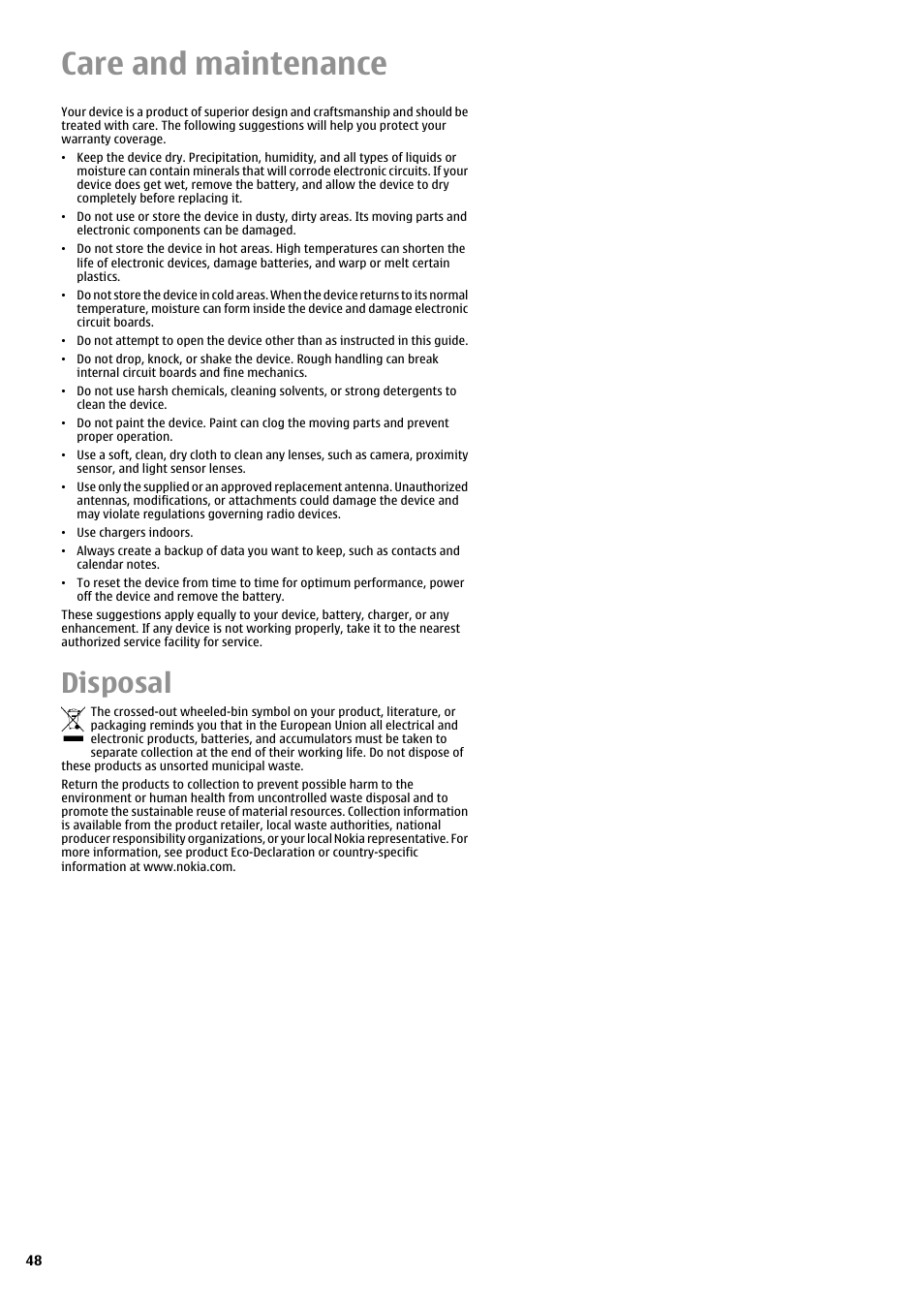 Care and maintenance, Disposal | Nokia E51 User Manual | Page 48 / 52