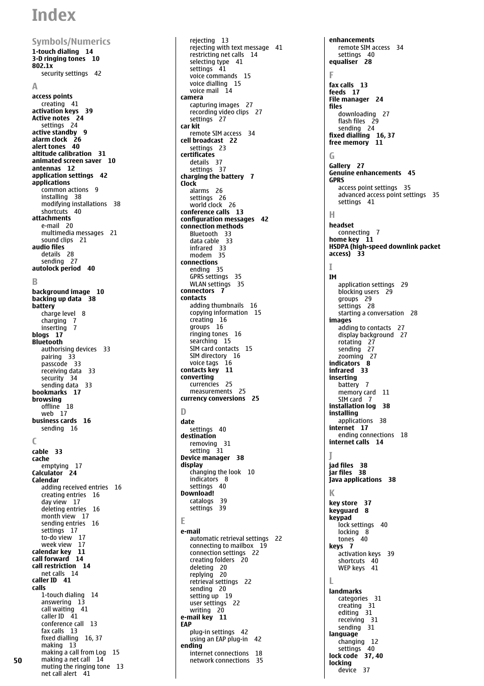 Index, Symbols/numerics | Nokia E51 User Manual | Page 50 / 52