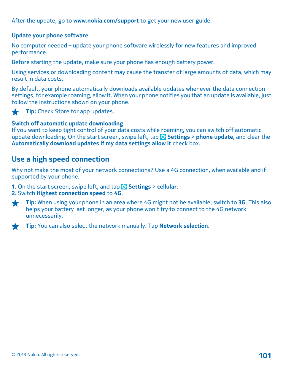 Update your phone software, Use a high speed connection | Nokia Lumia 820 User Manual | Page 101 / 121