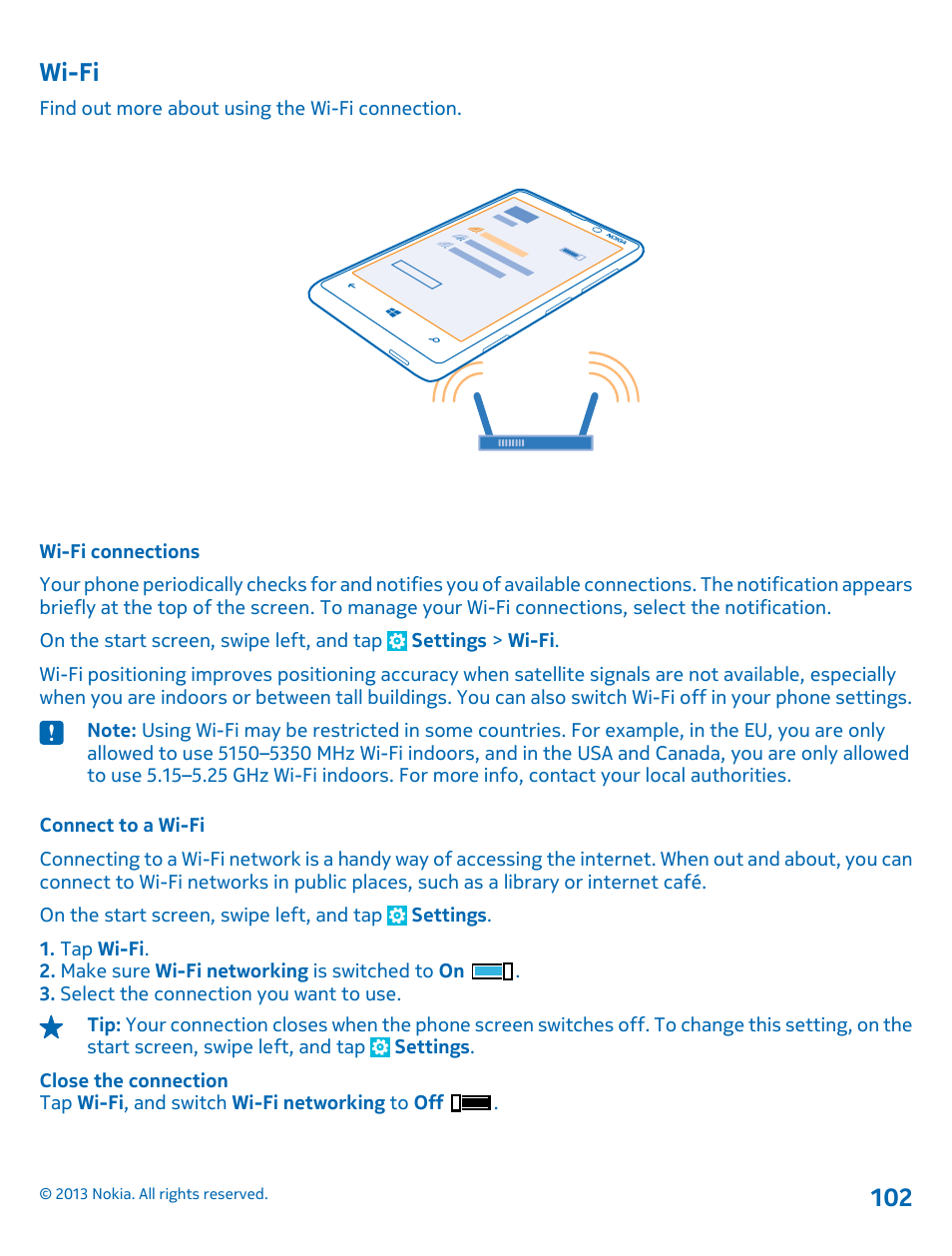 Wi-fi, Wi-fi connections, Connect to a wi-fi | Wi-fi 102 | Nokia Lumia 820 User Manual | Page 102 / 121