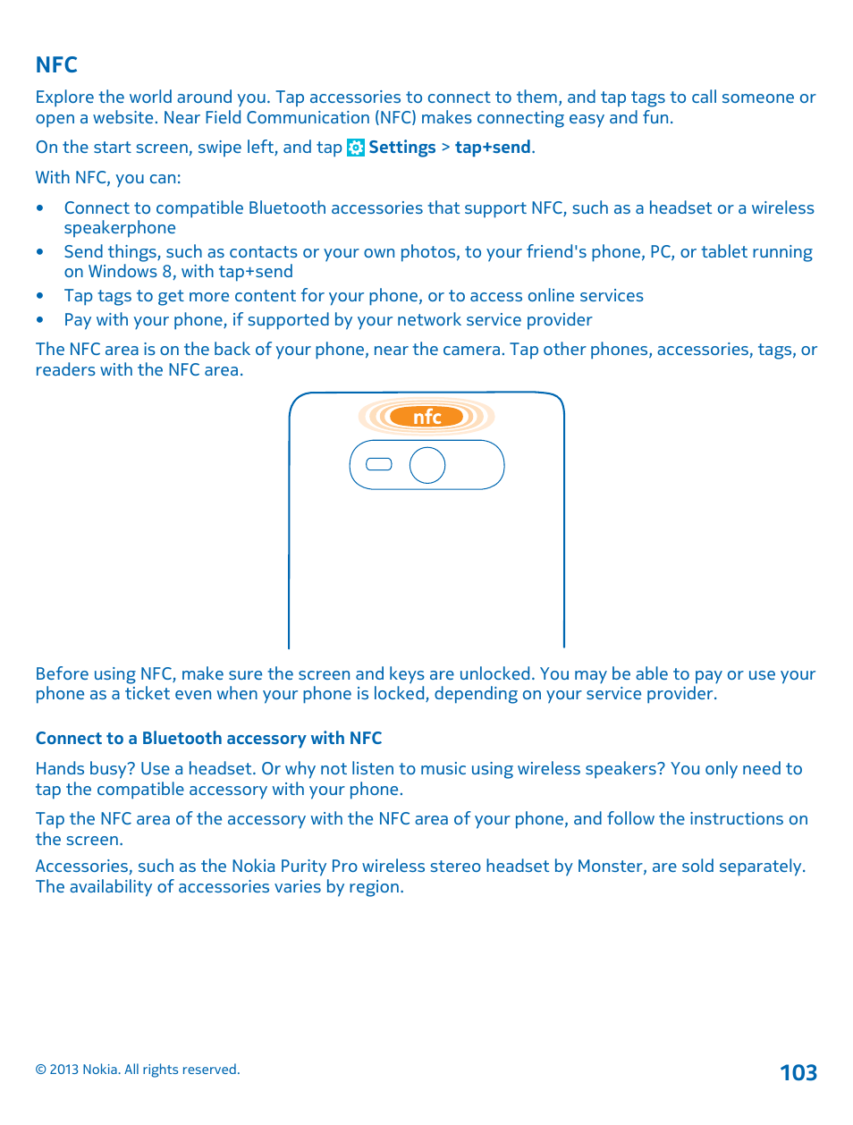 Connect to a bluetooth accessory with nfc, Nfc 103 | Nokia Lumia 820 User Manual | Page 103 / 121