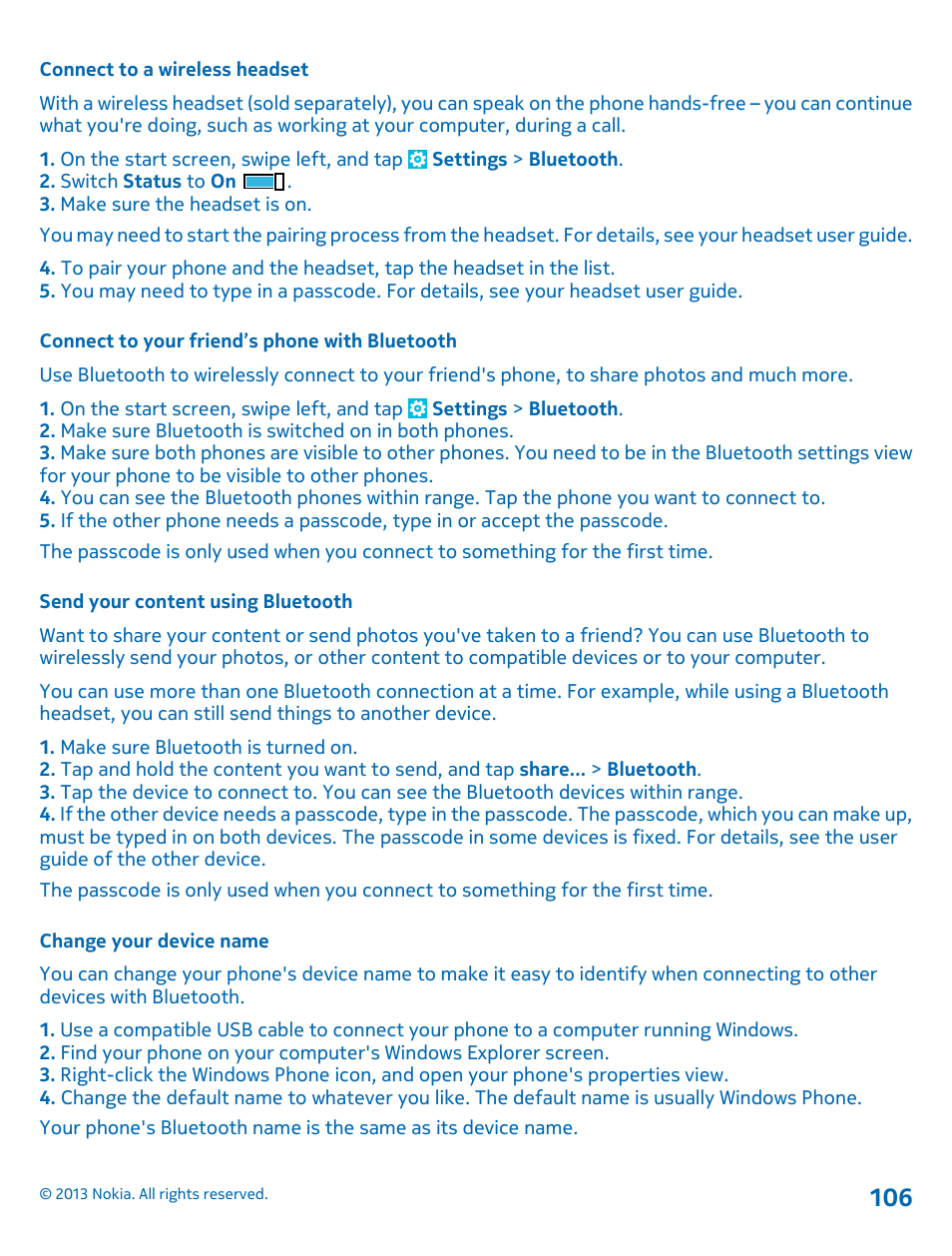 Connect to a wireless headset, Connect to your friend’s phone with bluetooth, Send your content using bluetooth | Change your device name | Nokia Lumia 820 User Manual | Page 106 / 121