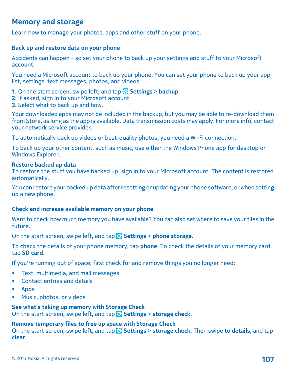 Memory and storage, Back up and restore data on your phone, Check and increase available memory on your phone | Nokia Lumia 820 User Manual | Page 107 / 121