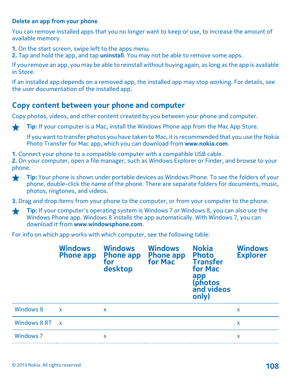 Delete an app from your phone, Copy content between your phone and computer, Copy content between your phone and | Computer 108 | Nokia Lumia 820 User Manual | Page 108 / 121
