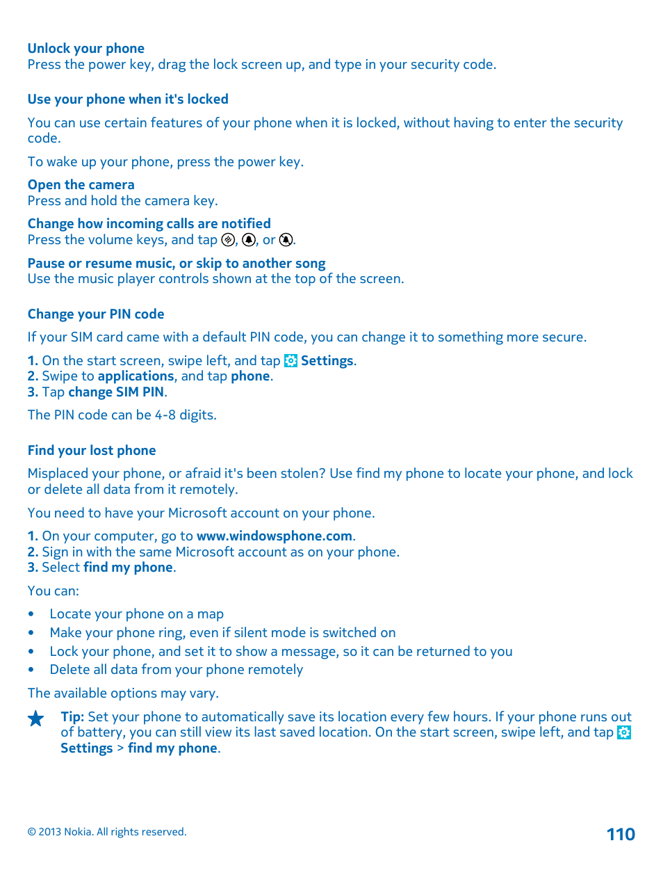 Use your phone when it's locked, Change your pin code, Find your lost phone | Nokia Lumia 820 User Manual | Page 110 / 121