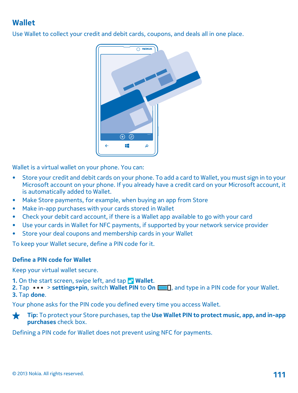 Wallet, Define a pin code for wallet, Wallet 111 | Nokia Lumia 820 User Manual | Page 111 / 121