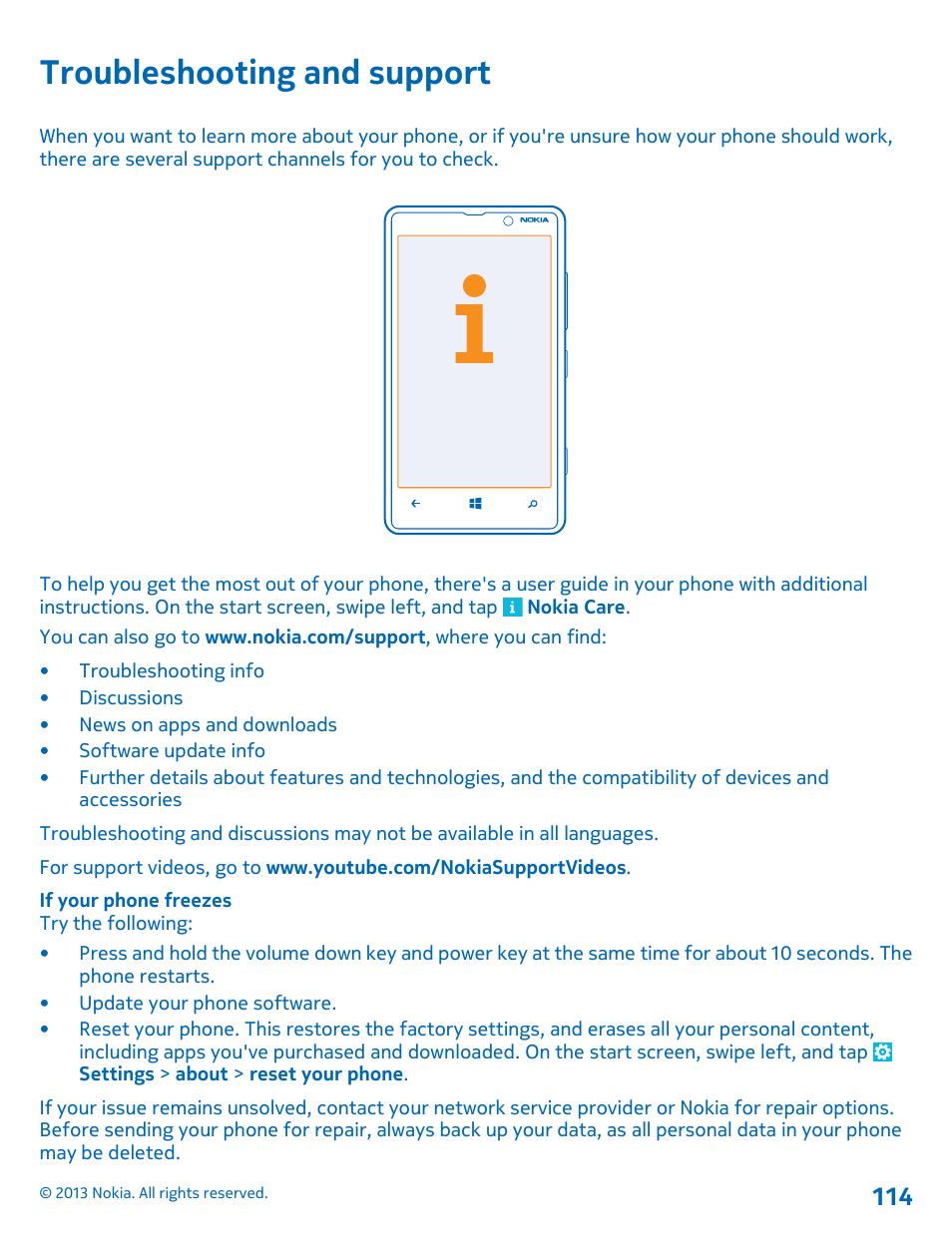Troubleshooting and support | Nokia Lumia 820 User Manual | Page 114 / 121