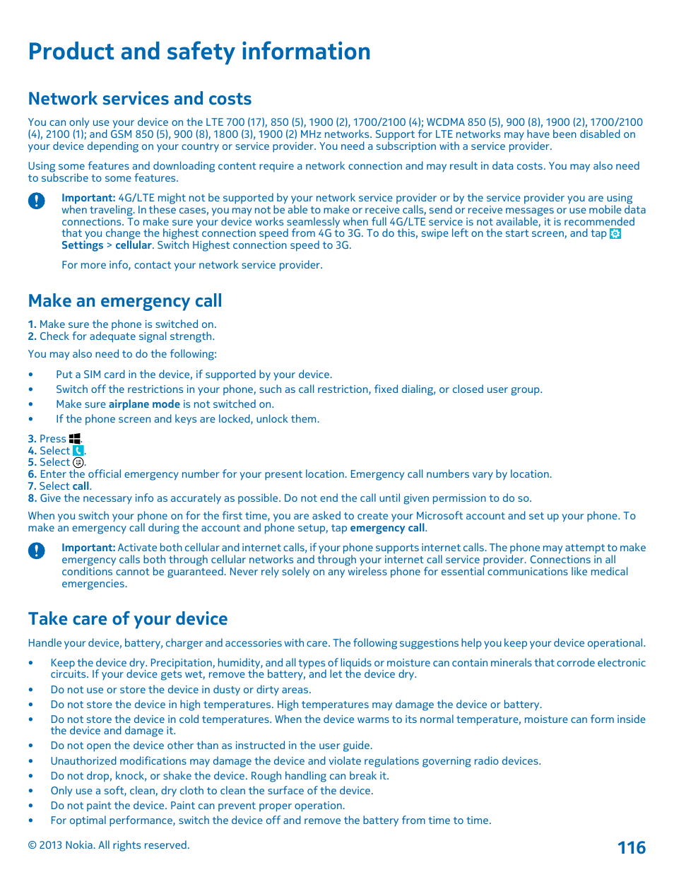 Product and safety information, Network services and costs, Make an emergency call | Take care of your device | Nokia Lumia 820 User Manual | Page 116 / 121