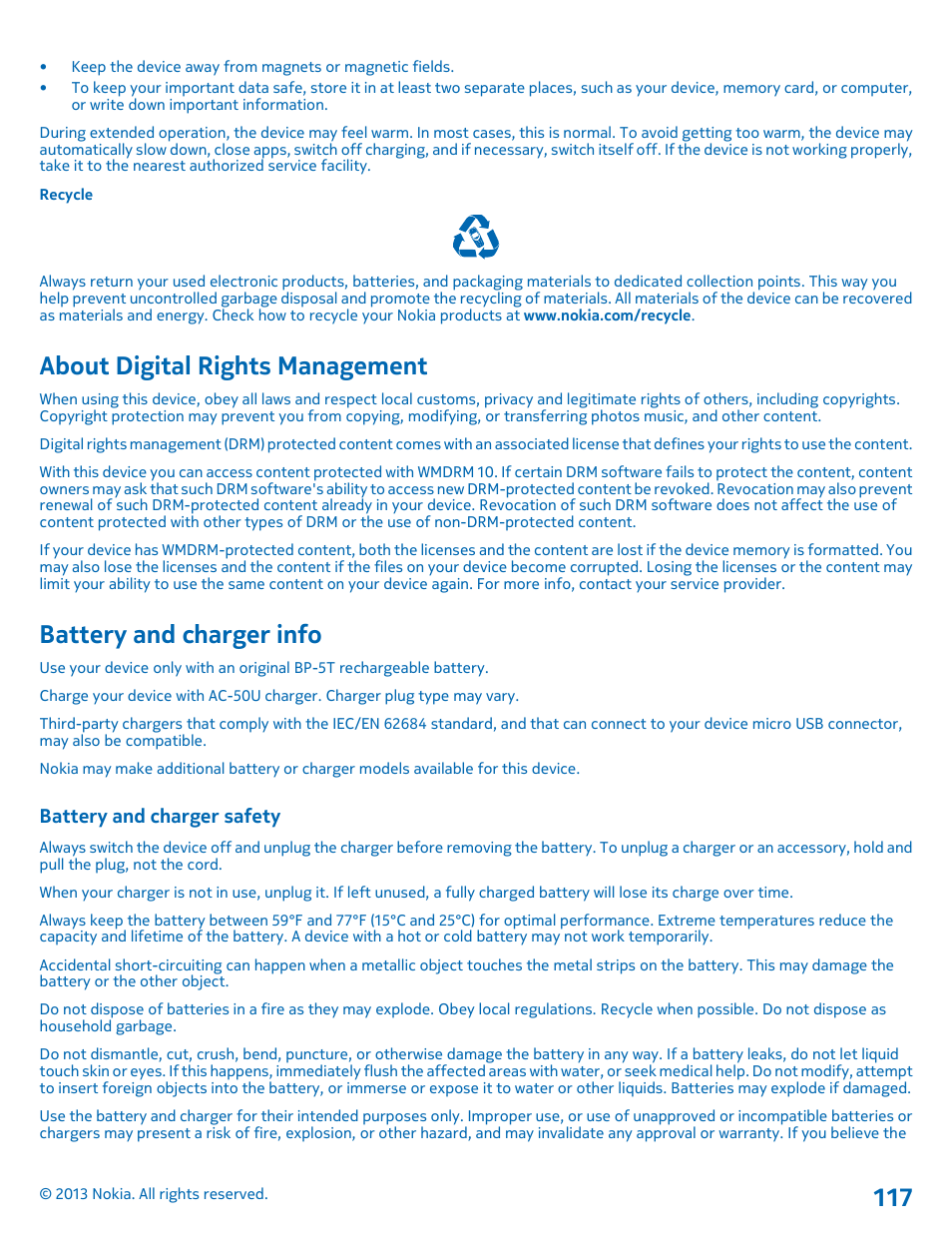 About digital rights management, Battery and charger info, Battery and charger safety | Nokia Lumia 820 User Manual | Page 117 / 121