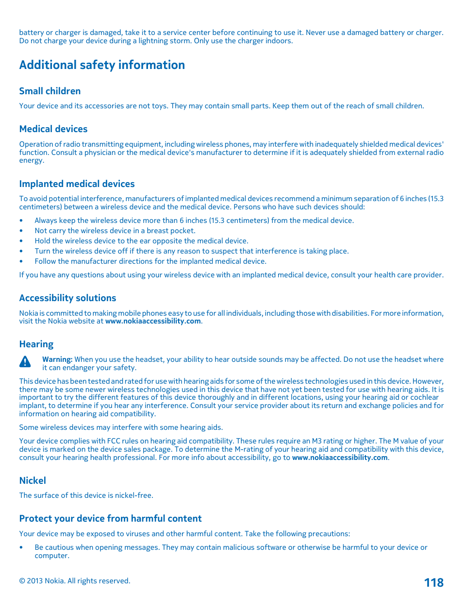 Additional safety information, Small children, Medical devices | Implanted medical devices, Accessibility solutions, Hearing, Nickel, Protect your device from harmful content | Nokia Lumia 820 User Manual | Page 118 / 121