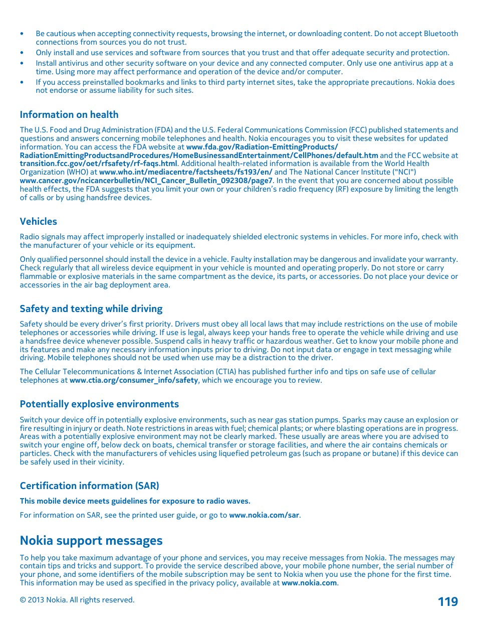 Information on health, Vehicles, Safety and texting while driving | Potentially explosive environments, Certification information (sar), Nokia support messages | Nokia Lumia 820 User Manual | Page 119 / 121
