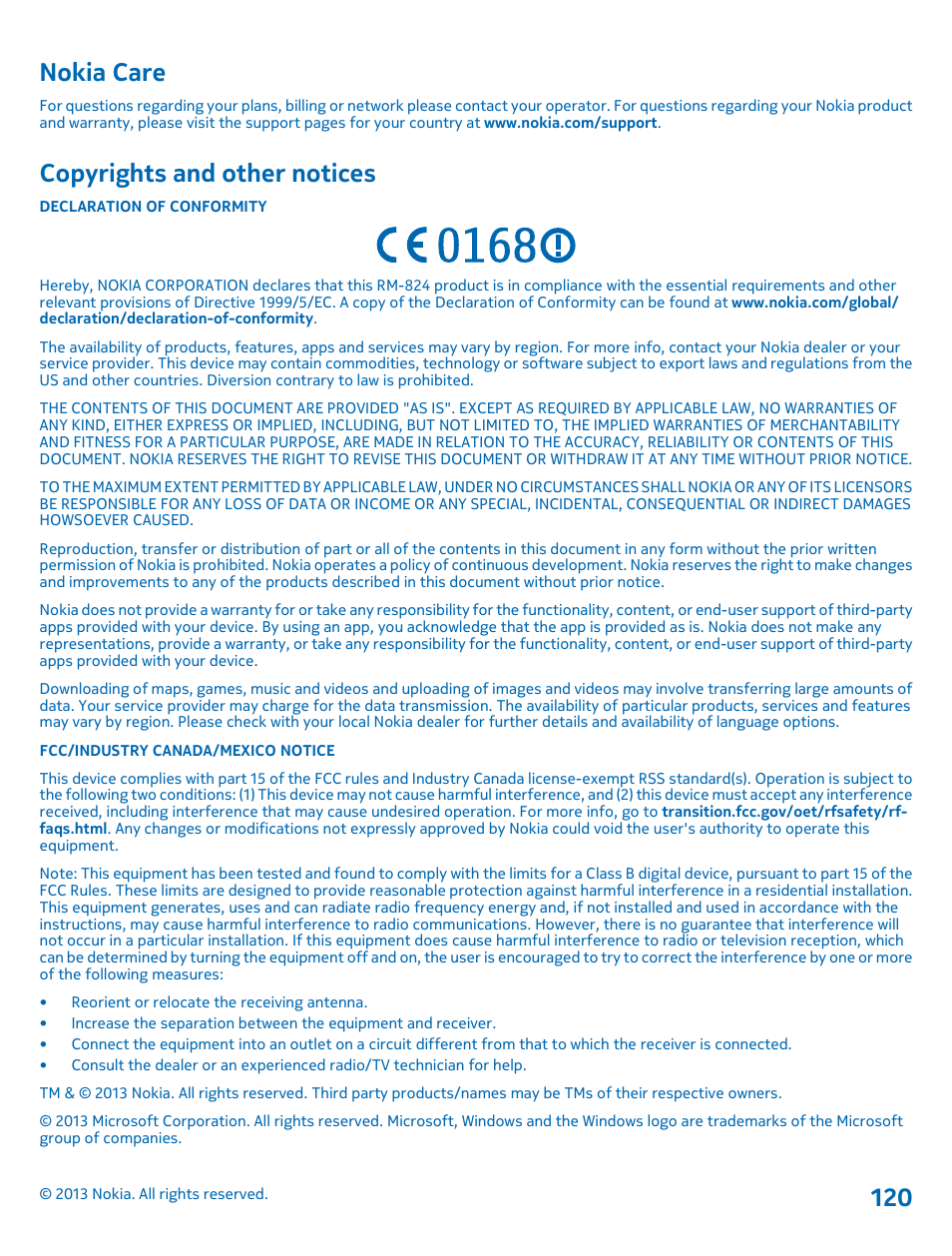 Nokia care, Copyrights and other notices | Nokia Lumia 820 User Manual | Page 120 / 121