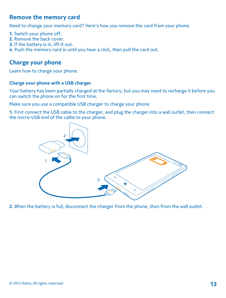 Remove the memory card, Charge your phone, Charge your phone with a usb charger | Nokia Lumia 820 User Manual | Page 13 / 121