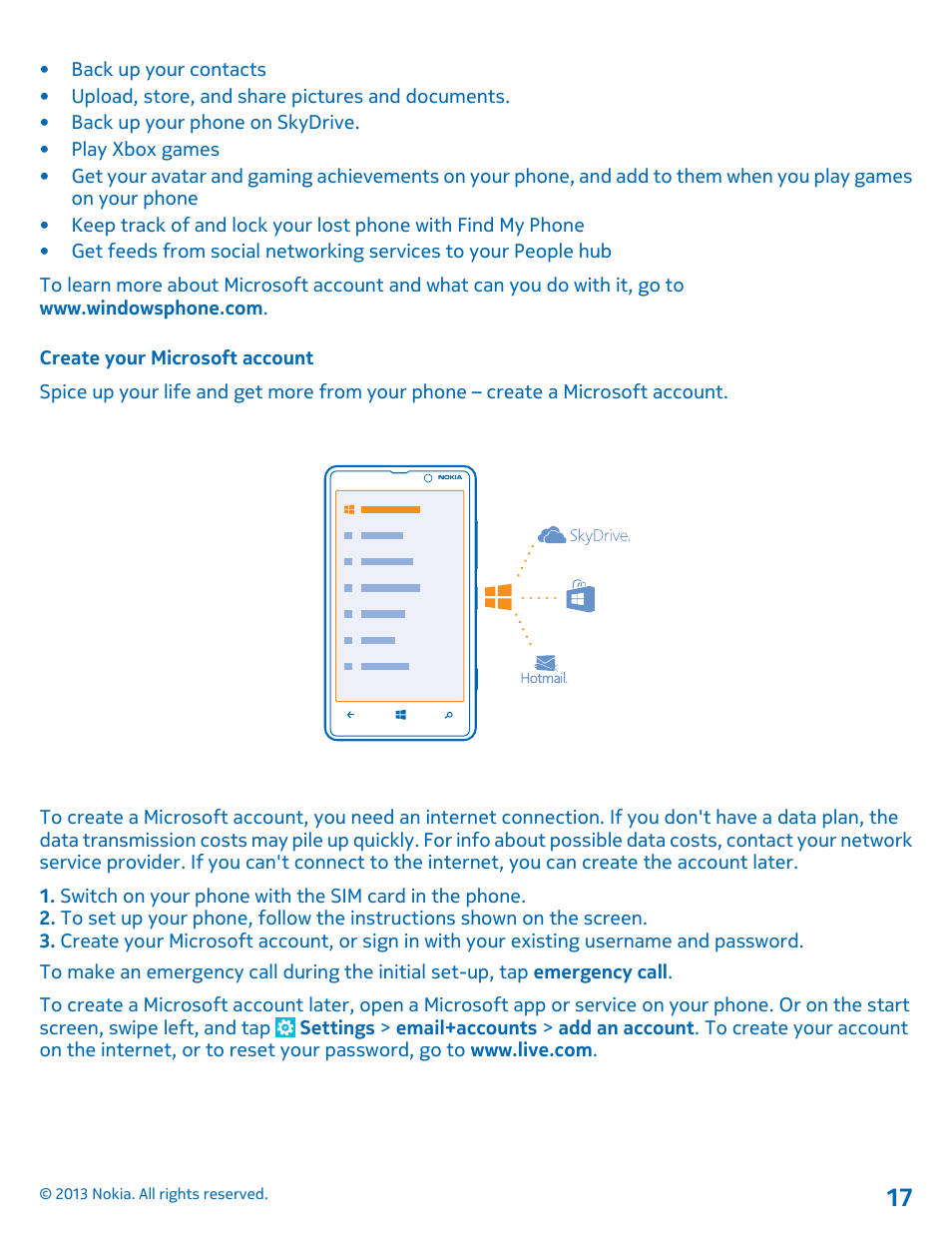 Create your microsoft account | Nokia Lumia 820 User Manual | Page 17 / 121