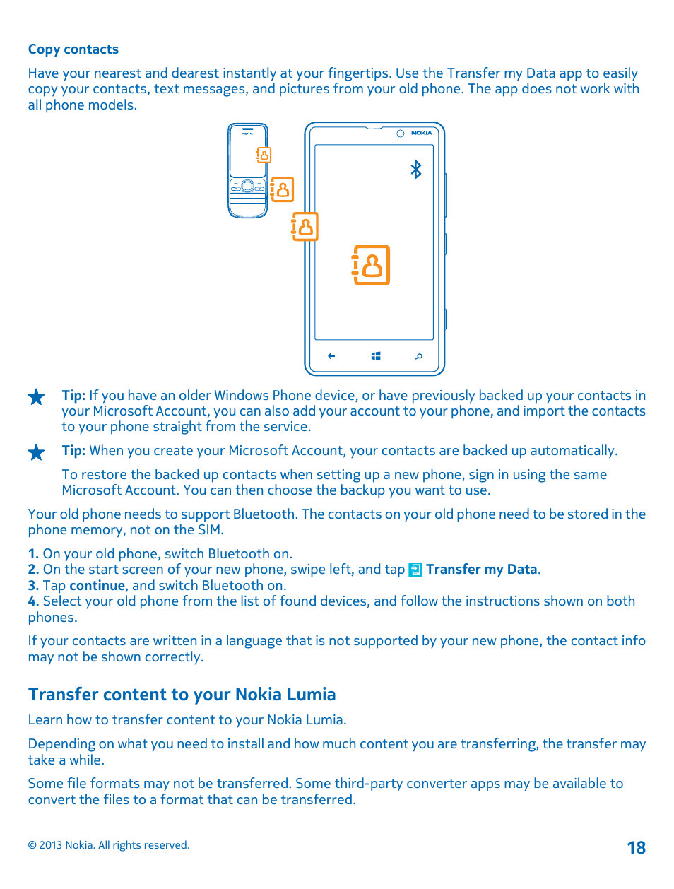 Copy contacts, Transfer content to your nokia lumia | Nokia Lumia 820 User Manual | Page 18 / 121