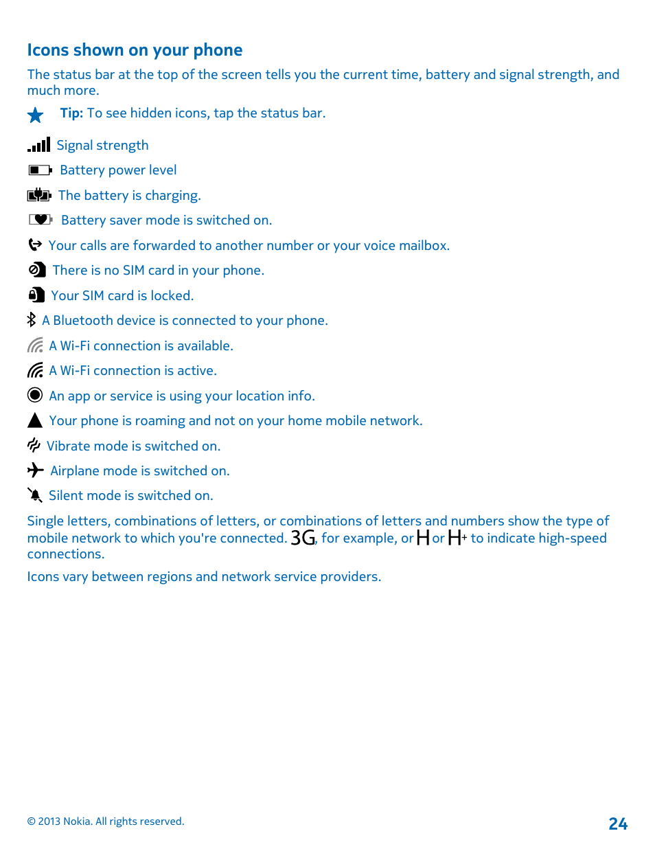 Icons shown on your phone | Nokia Lumia 820 User Manual | Page 24 / 121