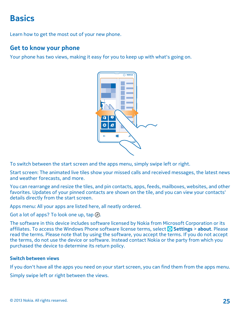 Basics, Get to know your phone, Switch between views | Basics 25 get to know your phone | Nokia Lumia 820 User Manual | Page 25 / 121