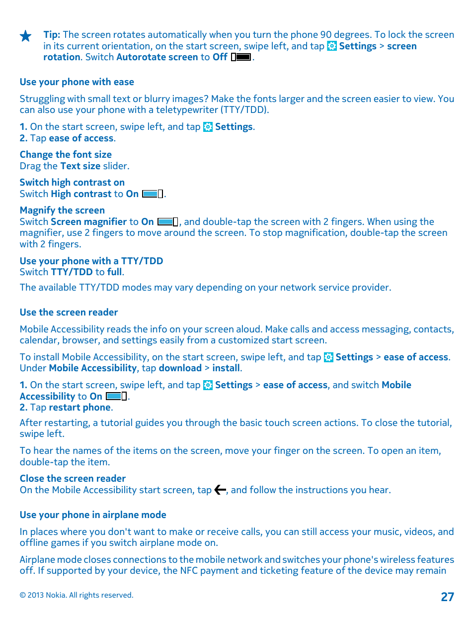 Use your phone with ease, Use the screen reader, Use your phone in airplane mode | Nokia Lumia 820 User Manual | Page 27 / 121
