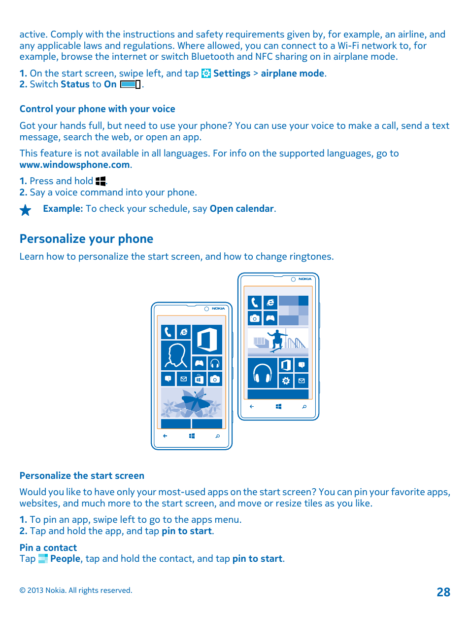 Control your phone with your voice, Personalize your phone, Personalize the start screen | Nokia Lumia 820 User Manual | Page 28 / 121