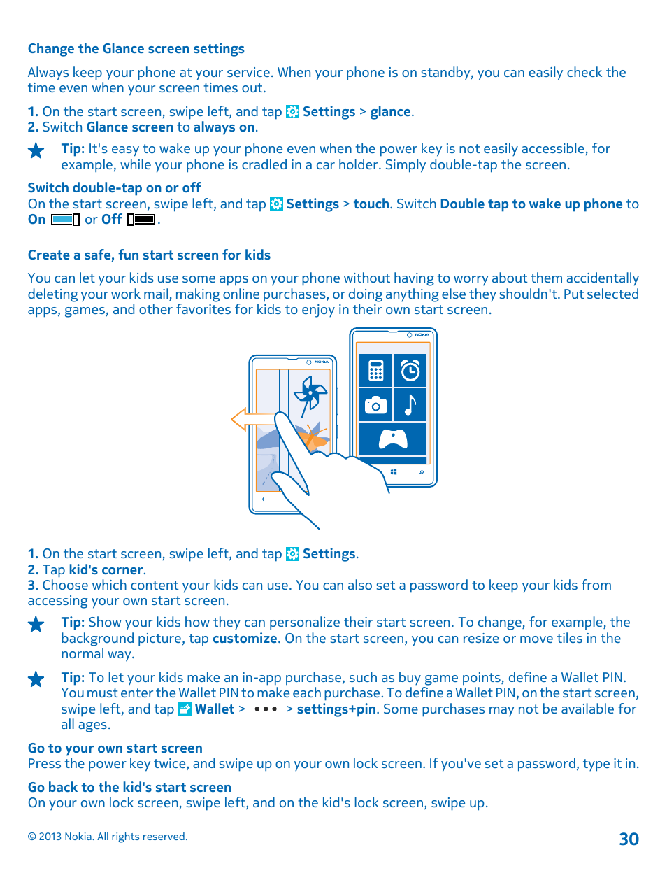 Change the glance screen settings, Create a safe, fun start screen for kids | Nokia Lumia 820 User Manual | Page 30 / 121