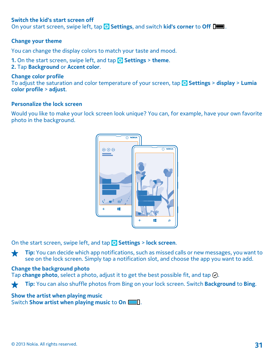 Change your theme, Personalize the lock screen | Nokia Lumia 820 User Manual | Page 31 / 121