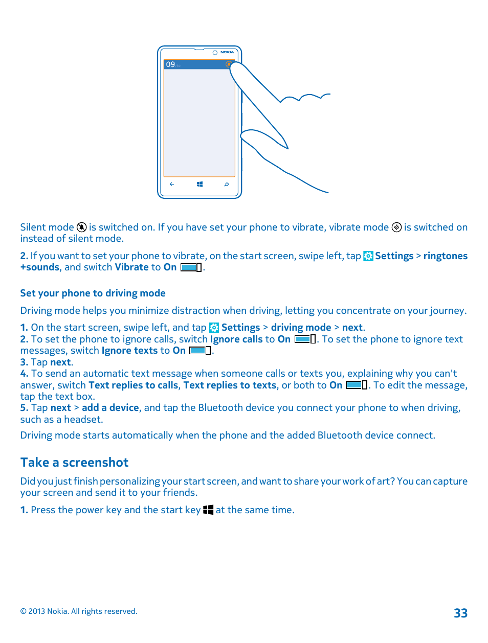 Set your phone to driving mode, Take a screenshot | Nokia Lumia 820 User Manual | Page 33 / 121