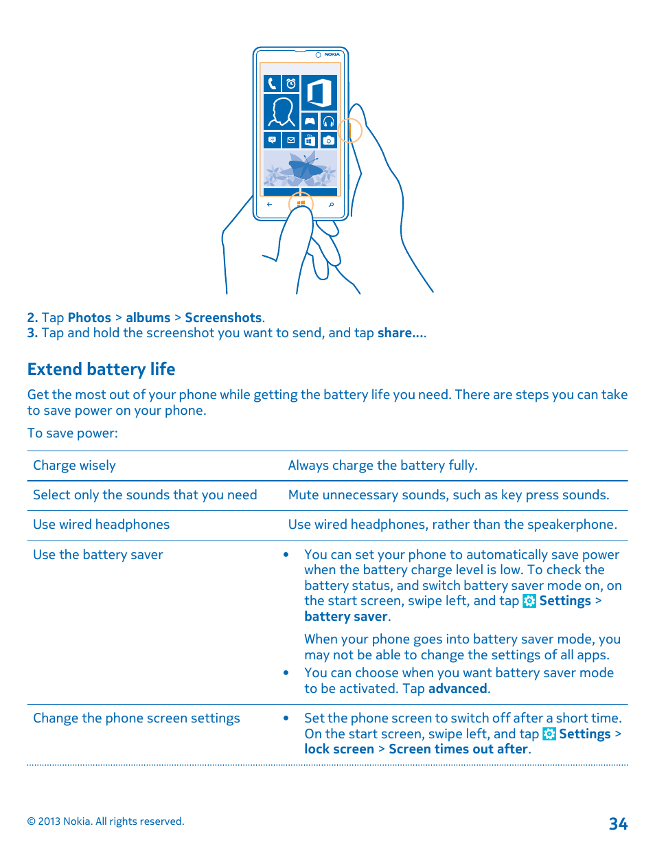 Extend battery life | Nokia Lumia 820 User Manual | Page 34 / 121