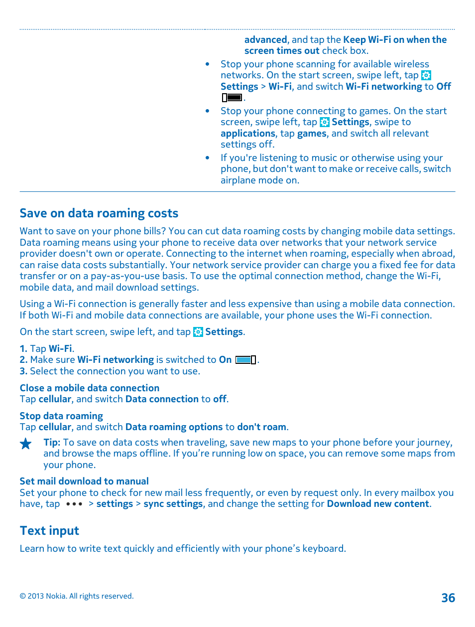 Save on data roaming costs, Text input | Nokia Lumia 820 User Manual | Page 36 / 121