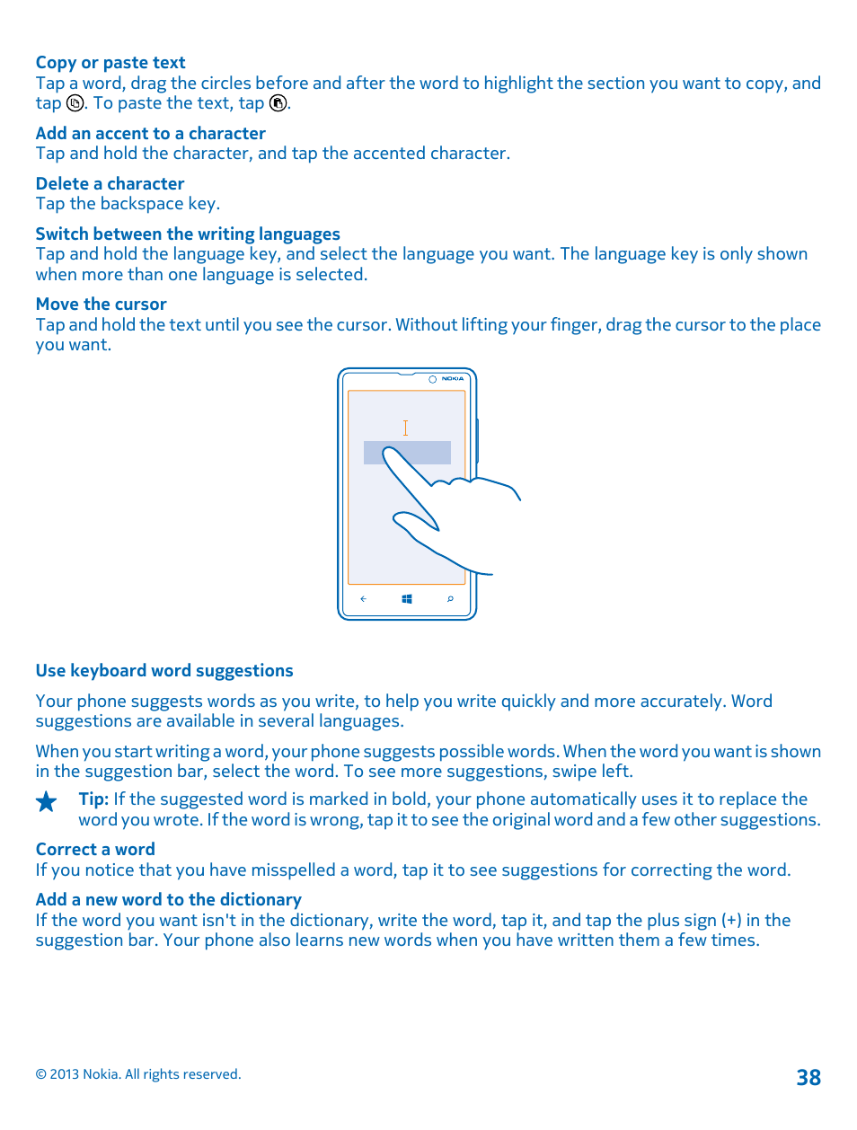 Use keyboard word suggestions | Nokia Lumia 820 User Manual | Page 38 / 121